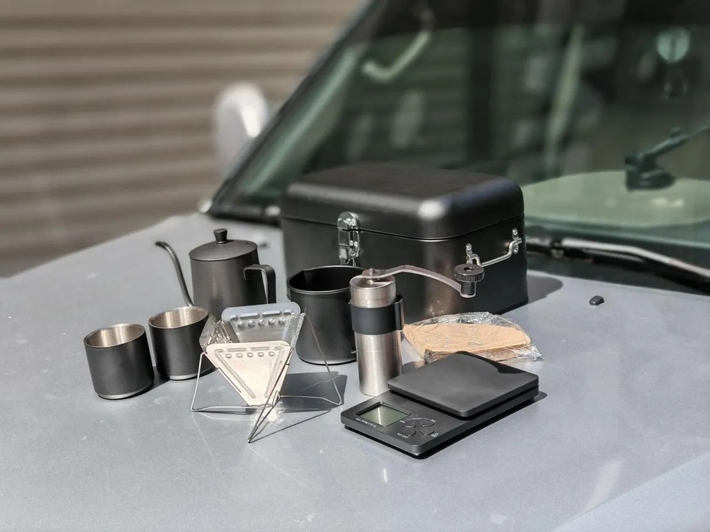 Camping Coffee Set – Travel Kit with Grinder, Scale, Spout Kettle & Accessories
