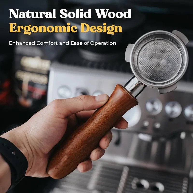 54mm Bottomless Coffee Portafilter with 3 Ears – Wooden Handle, Compatible with Most Espresso Machines
