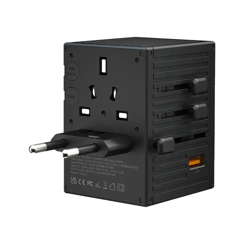 Porodo GaN 65W 5-Port Universal Travel Charger | 4 USB-C + 1 USB-A | Compact Fast Charging Adapter with Dual Fuse | UK/EU/US/AU Plugs | 2500W Power | PD-FWCH038-BK |