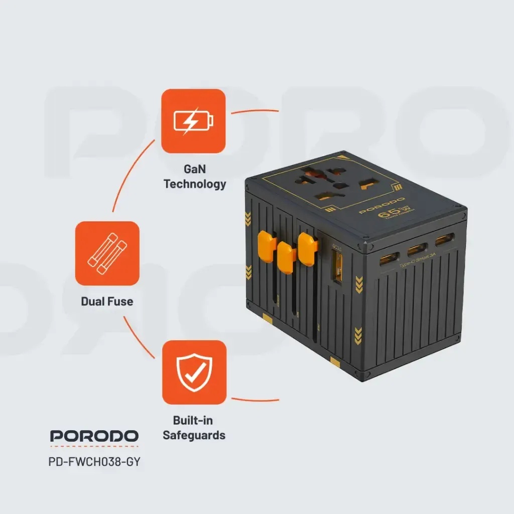 Porodo GaN 65W 5-Port Universal Travel Charger | 4 USB-C + 1 USB-A | Compact Fast Charging Adapter with Dual Fuse | UK/EU/US/AU Plugs | 2500W Power | PD-FWCH038-BK |