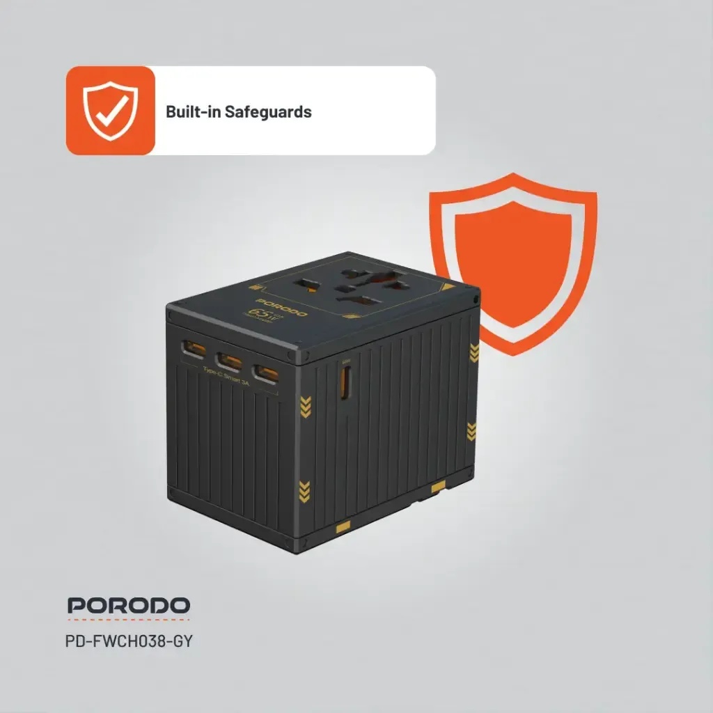 Porodo GaN 65W 5-Port Universal Travel Charger | 4 USB-C + 1 USB-A | Compact Fast Charging Adapter with Dual Fuse | UK/EU/US/AU Plugs | 2500W Power | PD-FWCH038-BK |