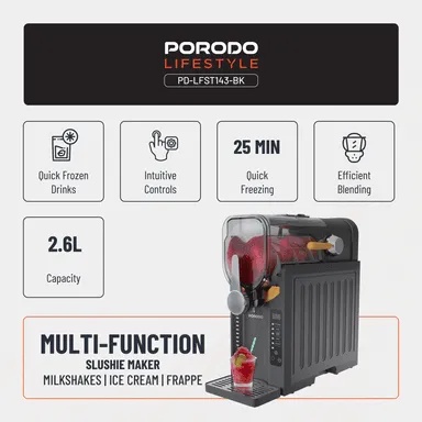 Porodo Lifestyle Multi-Function Slushie Maker – 2.6L Capacity, 25 Min Quick Freezing | Milkshakes, Ice Cream & Frappé Machine | LFS143 | PD-LFST143-BK |