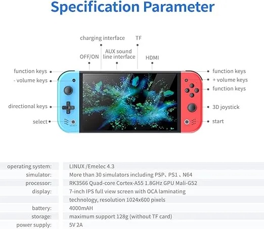 M20 Video Game Screen HD 7 inches Retro Handheld Game Console – RK3566 Quad-Core, IPS Display, EmuELEC 4.3, Bluetooth, Wireless Controller, TF Slot, 64GB, 4000mAh Battery