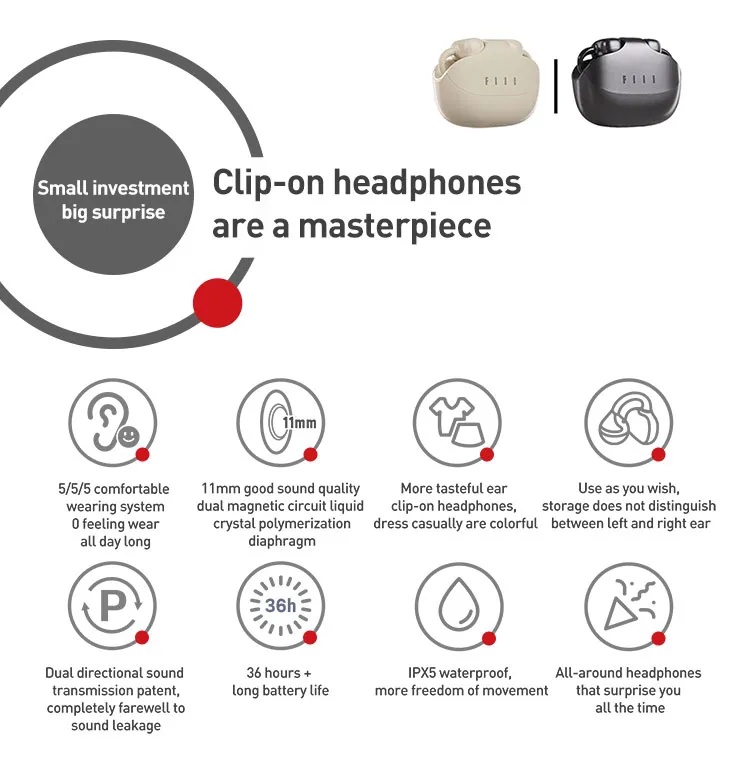 FIIL Atom Ear‑clip Bluetooth Headphones – Ultra‑light design, Bluetooth 5.4, 8h playback, Charging Case with 3.5x refills, IPX5 Waterproof | F047 | 