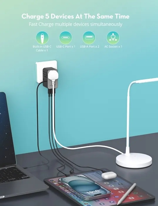 RAVPOWER 5-in-1 Universal Adapter - for 190 Countries | PD70W | GaN 5.0 | RP-PC1061 |
