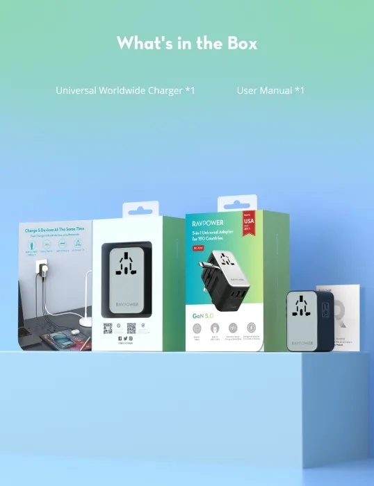 RAVPOWER 5-in-1 Universal Adapter - for 190 Countries | PD70W | GaN 5.0 | RP-PC1061 |
