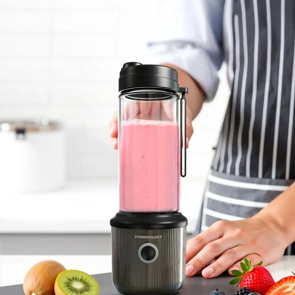 Powerology Press & Refresh Portable Blender – 126W Motor, 16,500 RPM, USB‑C Fast Charge, Dual 2500mAh Battery, 450mL | PSM013BK | PSM013WH |