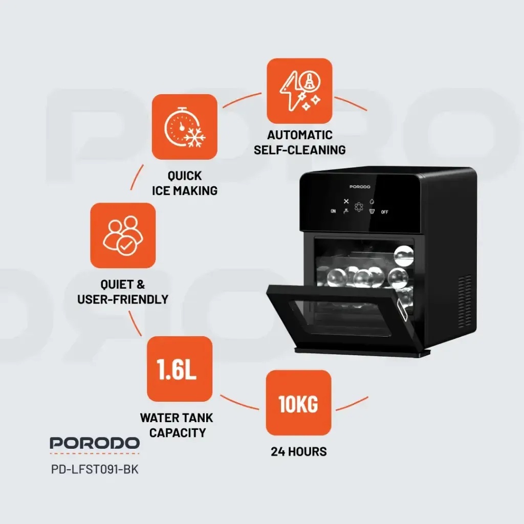Porodo Sphere Ice Maker – 160 Ice Balls/Day | 3kg Basket, 1.6L Tank, Self-Cleaning, Quiet Operation, UK Plug, R290 Eco Refrigerant | PD-LFST091-BK |