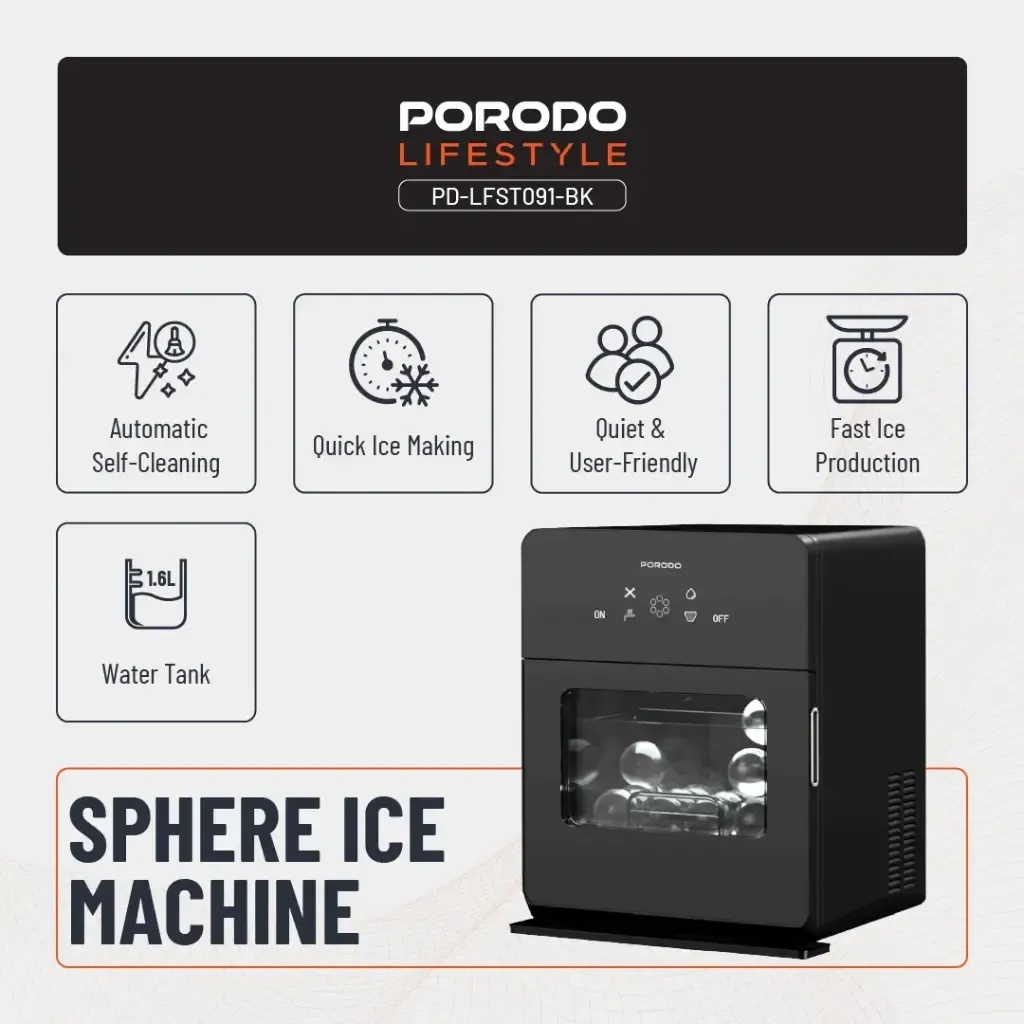 Porodo Sphere Ice Maker – 160 Ice Balls/Day | 3kg Basket, 1.6L Tank, Self-Cleaning, Quiet Operation, UK Plug, R290 Eco Refrigerant | PD-LFST091-BK |