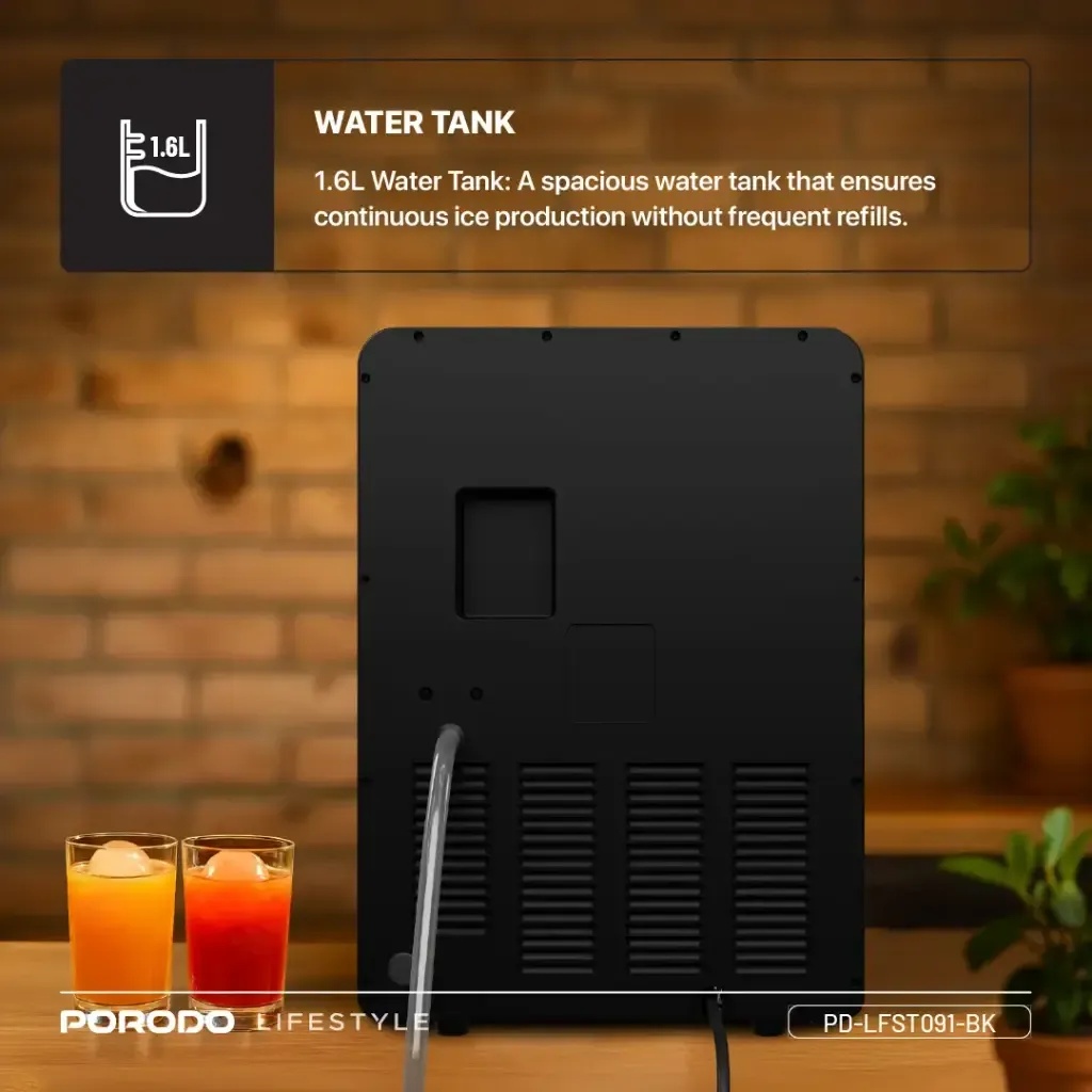 Porodo Sphere Ice Maker – 160 Ice Balls/Day | 3kg Basket, 1.6L Tank, Self-Cleaning, Quiet Operation, UK Plug, R290 Eco Refrigerant | PD-LFST091-BK |