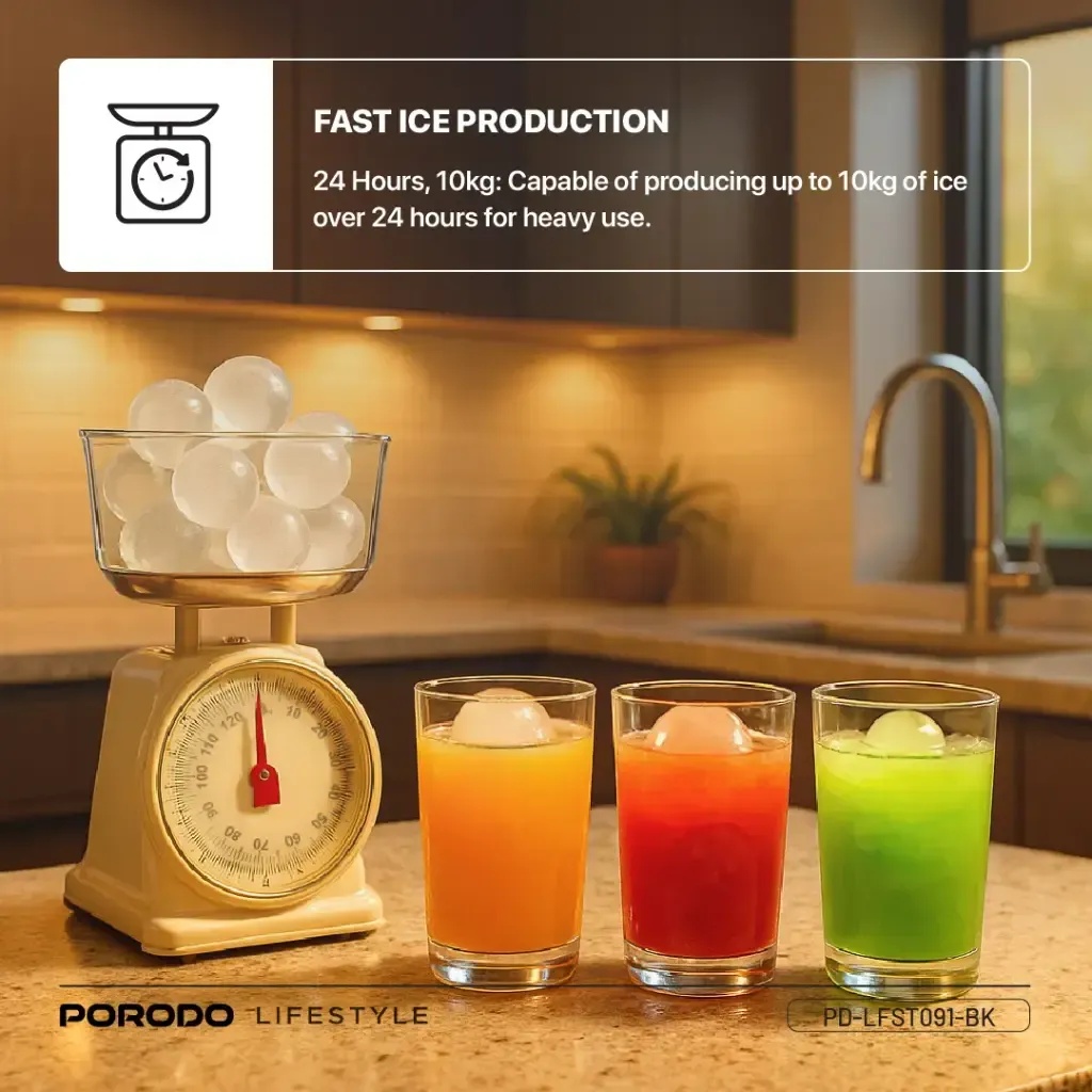 Porodo Sphere Ice Maker – 160 Ice Balls/Day | 3kg Basket, 1.6L Tank, Self-Cleaning, Quiet Operation, UK Plug, R290 Eco Refrigerant | PD-LFST091-BK |
