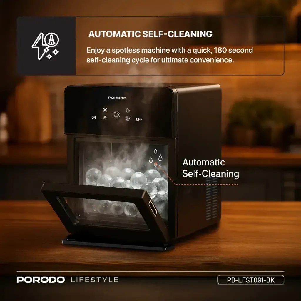 Porodo Sphere Ice Maker – 160 Ice Balls/Day | 3kg Basket, 1.6L Tank, Self-Cleaning, Quiet Operation, UK Plug, R290 Eco Refrigerant | PD-LFST091-BK |