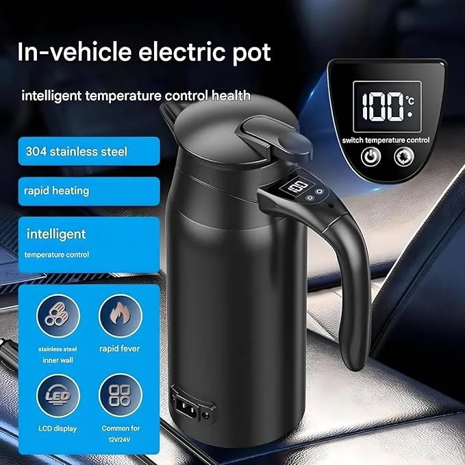 7MD Car Electric Kettle – 12V/24V DC Portable Travel Boiler with LCD Display | 800ML 304 Stainless Steel | Adjustable Temperature 55–100°C | Fast Heating for Tea, Coffee, Milk – Outdoor Use