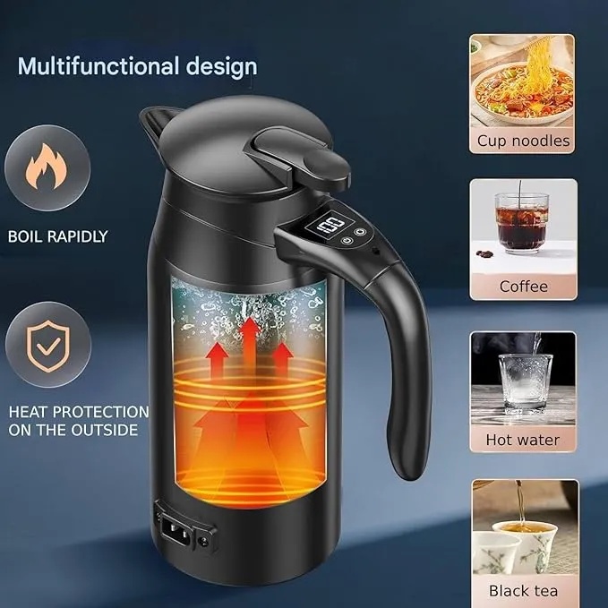 7MD Car Electric Kettle – 12V/24V DC Portable Travel Boiler with LCD Display | 800ML 304 Stainless Steel | Adjustable Temperature 55–100°C | Fast Heating for Tea, Coffee, Milk – Outdoor Use