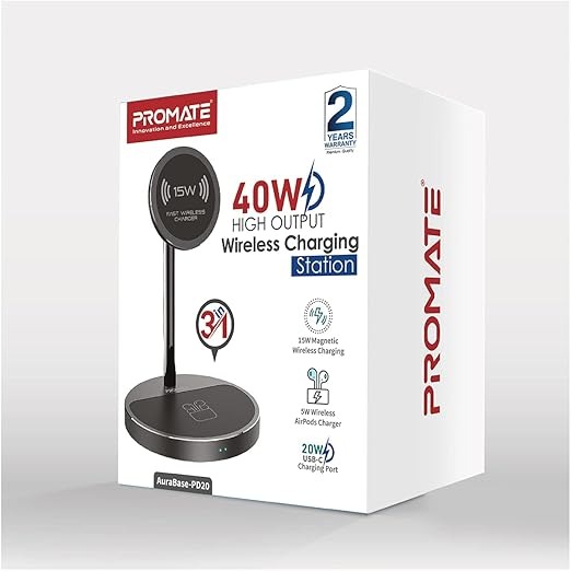 PROMATE | AuraBase-PD20 | 2 in 1 Wireless Charging Station With | 40W | Output