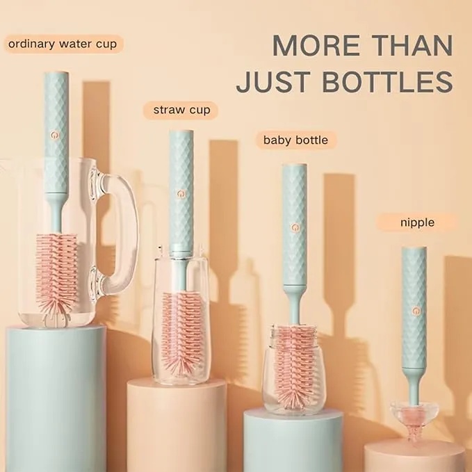 AMOR TINY Electric Bottle Brush – USB Rechargeable with 360° Rotation & Replaceable Heads for Bottles & Cups
