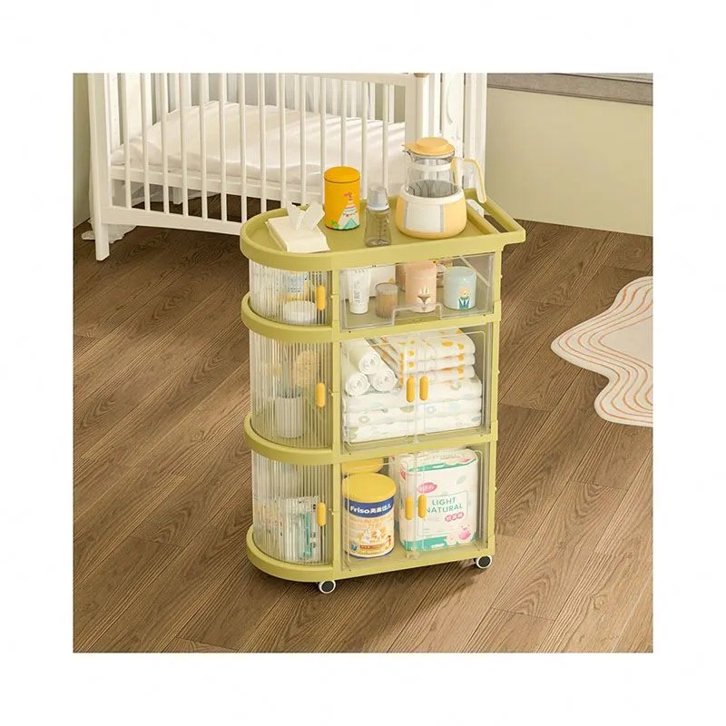 AMOR TINY Baby Essentials Rolling Trolley – 3-Layer Organizer with Doors & Wheels for Nursery Supplies