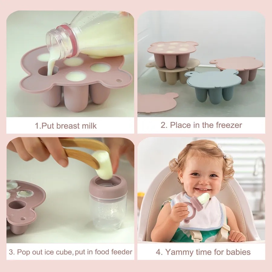 AMOR TINY 2‑in‑1 Silicone Infant Ice Cube Tray & Pacifier Feeder – 7‑Cell Soft Food Tray with Easy-Release Design