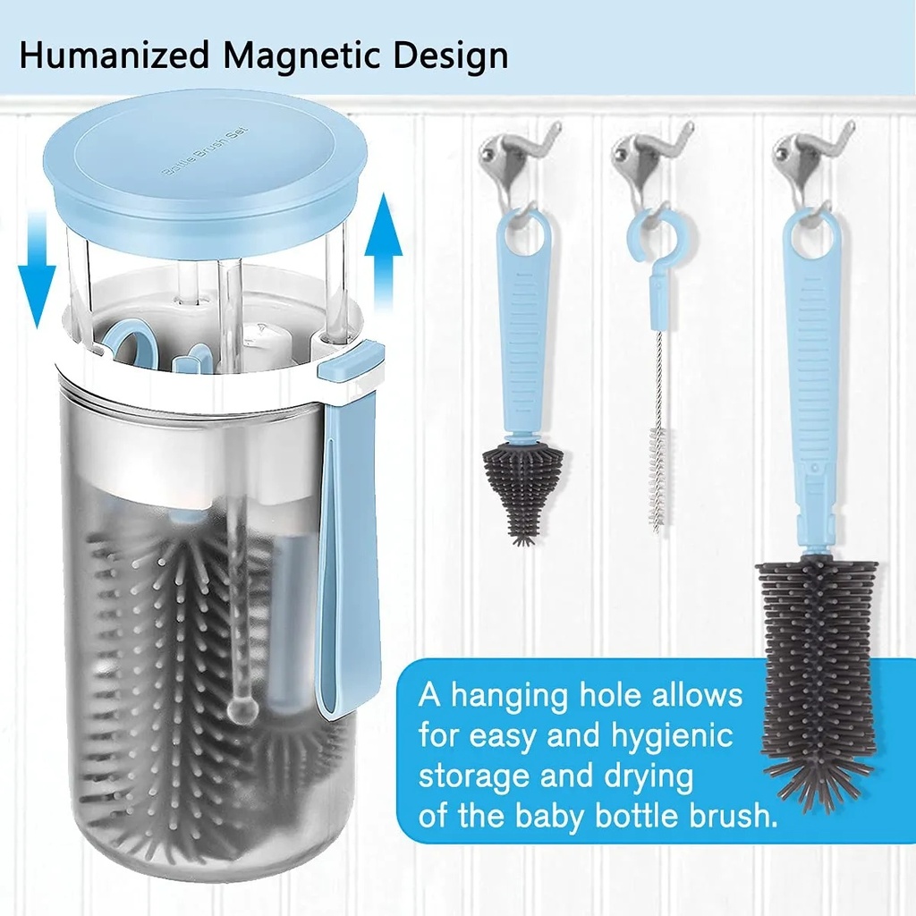 AMOR TINY 6-in-1 Travel Baby Bottle Cleaning & Drying Set – Long Handle Silicone Brushes with Nipple Cleaner & Drying Rack