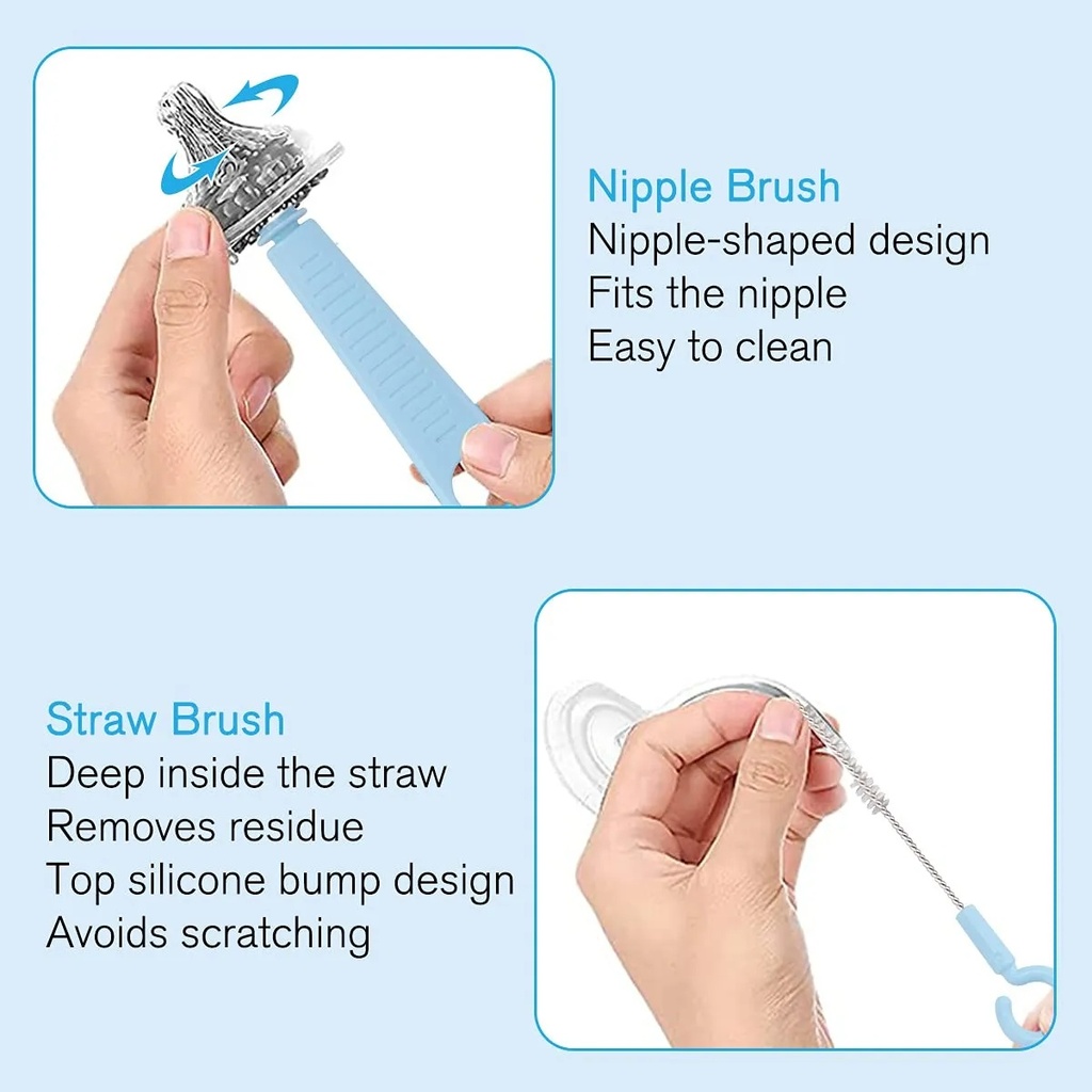 AMOR TINY 6-in-1 Travel Baby Bottle Cleaning & Drying Set – Long Handle Silicone Brushes with Nipple Cleaner & Drying Rack