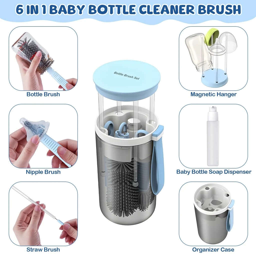 AMOR TINY 6-in-1 Travel Baby Bottle Cleaning & Drying Set – Long Handle Silicone Brushes with Nipple Cleaner & Drying Rack