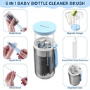 AMOR TINY 6-in-1 Travel Baby Bottle Cleaning & Drying Set – Long Handle Silicone Brushes with Nipple Cleaner & Drying Rack