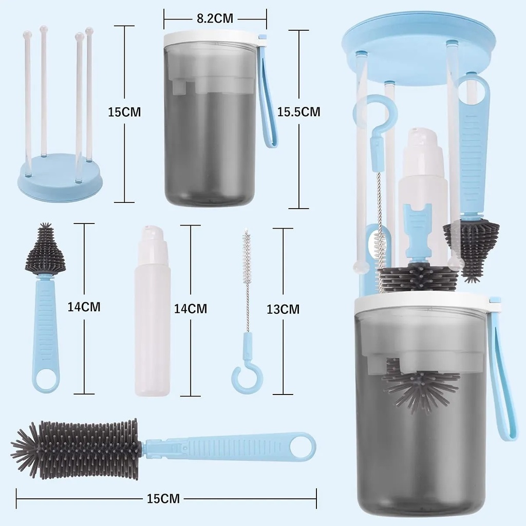 AMOR TINY 6-in-1 Travel Baby Bottle Cleaning & Drying Set – Long Handle Silicone Brushes with Nipple Cleaner & Drying Rack
