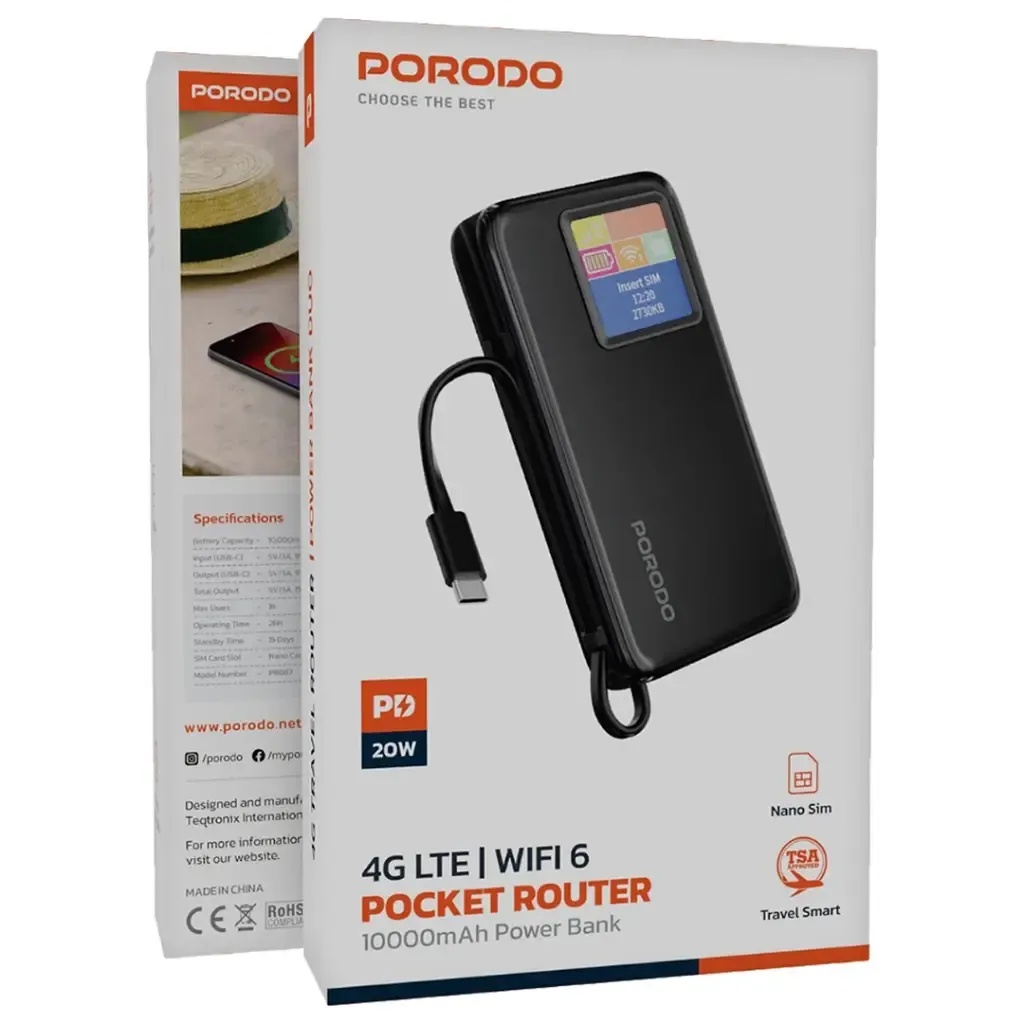 Porodo 4G LTE | WiFi 6 Pocket Router with 10000mAh Power Bank | PB087 | PDPBFCH087 |