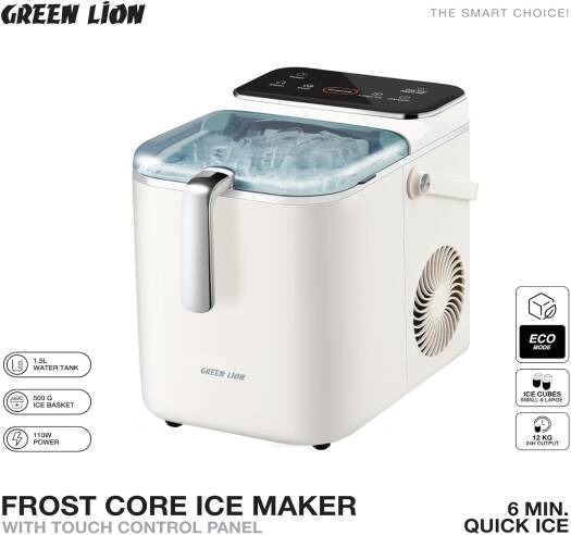 Green Lion Frost Core Ice Maker – Produces 12 kg/24 h Bullet Ice – 1.5 L Water Tank, Touch Control, LED Indicator, Eco-friendly | GNFROCICEWH |