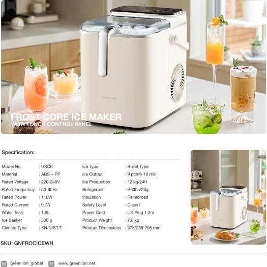Green Lion Frost Core Ice Maker – Produces 12 kg/24 h Bullet Ice – 1.5 L Water Tank, Touch Control, LED Indicator, Eco-friendly | GNFROCICEWH |