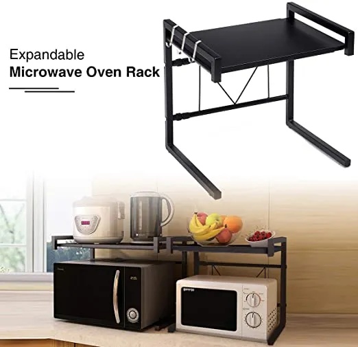 🚨 DISPLAY PIECE 🚨 GEMITTO Expandable Microwave Oven Rack, Horizontal Extension Microwave Shelf Stand Kitchen Counter Top Organizer, 2-tier with 3 Hooks, 55lbs Load Bearing, 15.8~23.6"x14.2"x16.5" for Oven Toaster 🚨 Without box 🚨