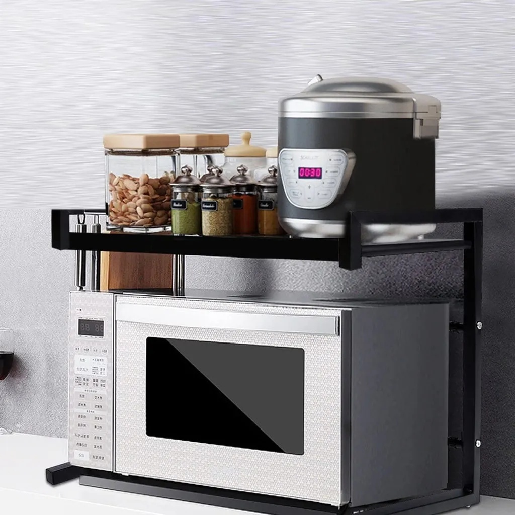 🚨 DISPLAY PIECE 🚨 GEMITTO Expandable Microwave Oven Rack, Horizontal Extension Microwave Shelf Stand Kitchen Counter Top Organizer, 2-tier with 3 Hooks, 55lbs Load Bearing, 15.8~23.6"x14.2"x16.5" for Oven Toaster 🚨 Without box 🚨