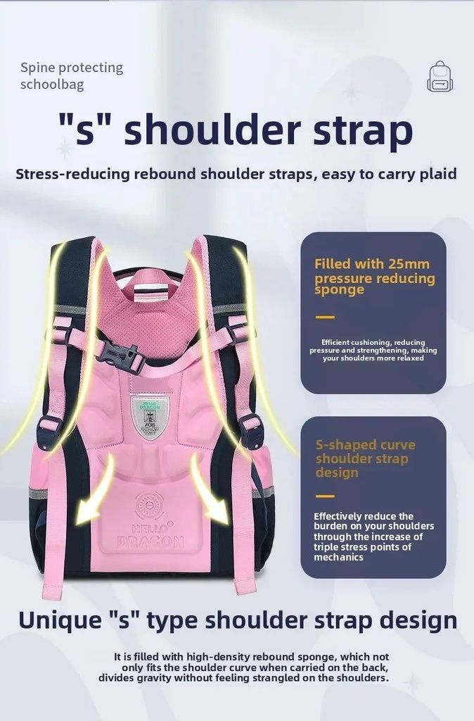 Hello Dragon Ultra Lightweight Waterproof School Backpack for Boys and Girls | Dual Shoulder Bag with Spine Protection, Oxford Fabric, Ridge Support & Water-Resistant Lining | NPB23029L |