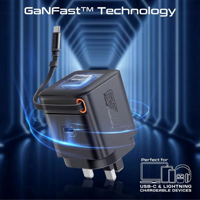 PROMATE 65W PD GanFast™ Charging Adapter with Retractable USB-C Cable | Cubix-R65 |