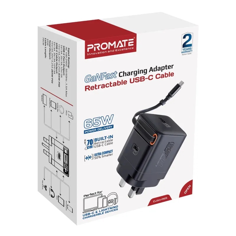 PROMATE 65W PD GanFast™ Charging Adapter with Retractable USB-C Cable | Cubix-R65 |