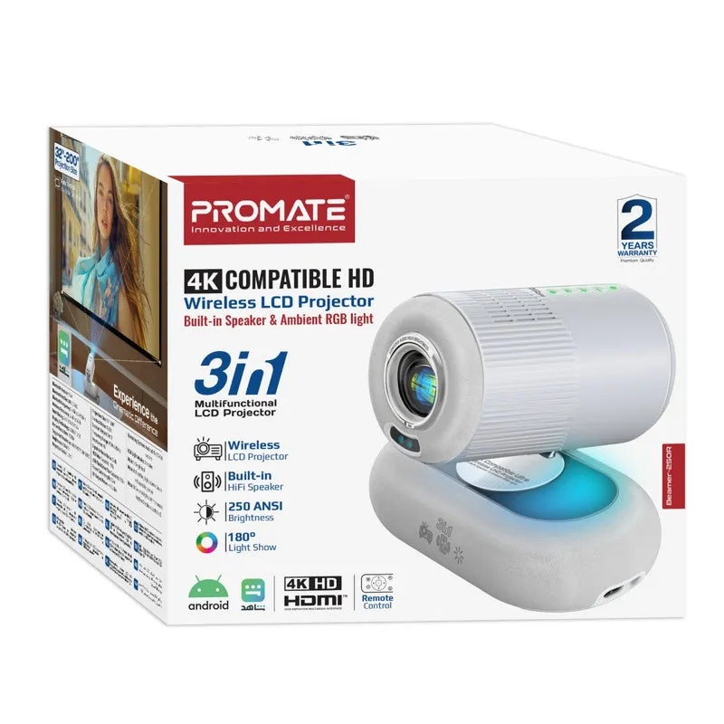 PROMATE 4K Compatible HD Wireless LCD Projector with Built-In Speaker & Ambient RGB light - 3 in 1 Multifunctional LCD Projector | Beamer-250R |