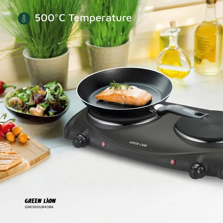 Green Lion Electric Stove with Double Hot Plate – 2500W Dual Burner Cooker, 6 Heating Levels, 50-500 °C Thermostat, Anti-Slip Base, Easy-Clean Design | GNESDOUB43BK |