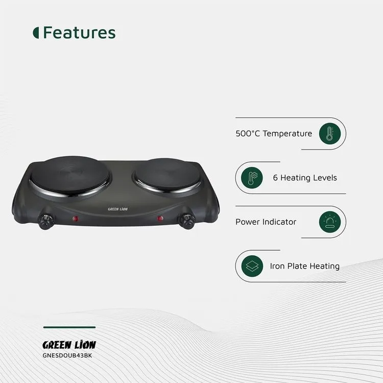 Green Lion Electric Stove with Double Hot Plate – 2500W Dual Burner Cooker, 6 Heating Levels, 50-500 °C Thermostat, Anti-Slip Base, Easy-Clean Design | GNESDOUB43BK |