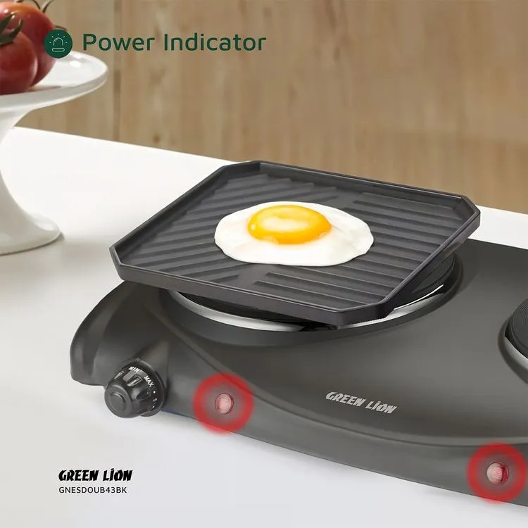 Green Lion Electric Stove with Double Hot Plate – 2500W Dual Burner Cooker, 6 Heating Levels, 50-500 °C Thermostat, Anti-Slip Base, Easy-Clean Design | GNESDOUB43BK |