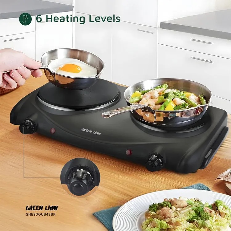 Green Lion Electric Stove with Double Hot Plate – 2500W Dual Burner Cooker, 6 Heating Levels, 50-500 °C Thermostat, Anti-Slip Base, Easy-Clean Design | GNESDOUB43BK |
