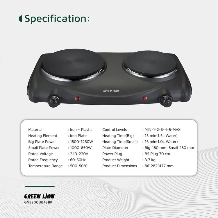 Green Lion Electric Stove with Double Hot Plate – 2500W Dual Burner Cooker, 6 Heating Levels, 50-500 °C Thermostat, Anti-Slip Base, Easy-Clean Design | GNESDOUB43BK |