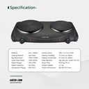 Green Lion Electric Stove with Double Hot Plate – 2500W Dual Burner Cooker, 6 Heating Levels, 50-500 °C Thermostat, Anti-Slip Base, Easy-Clean Design | GNESDOUB43BK |