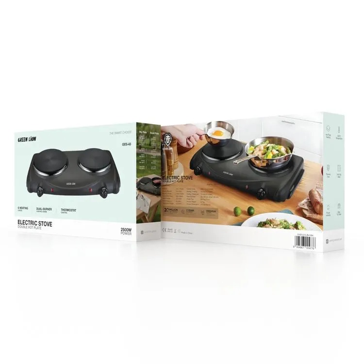 Green Lion Electric Stove with Double Hot Plate – 2500W Dual Burner Cooker, 6 Heating Levels, 50-500 °C Thermostat, Anti-Slip Base, Easy-Clean Design | GNESDOUB43BK |