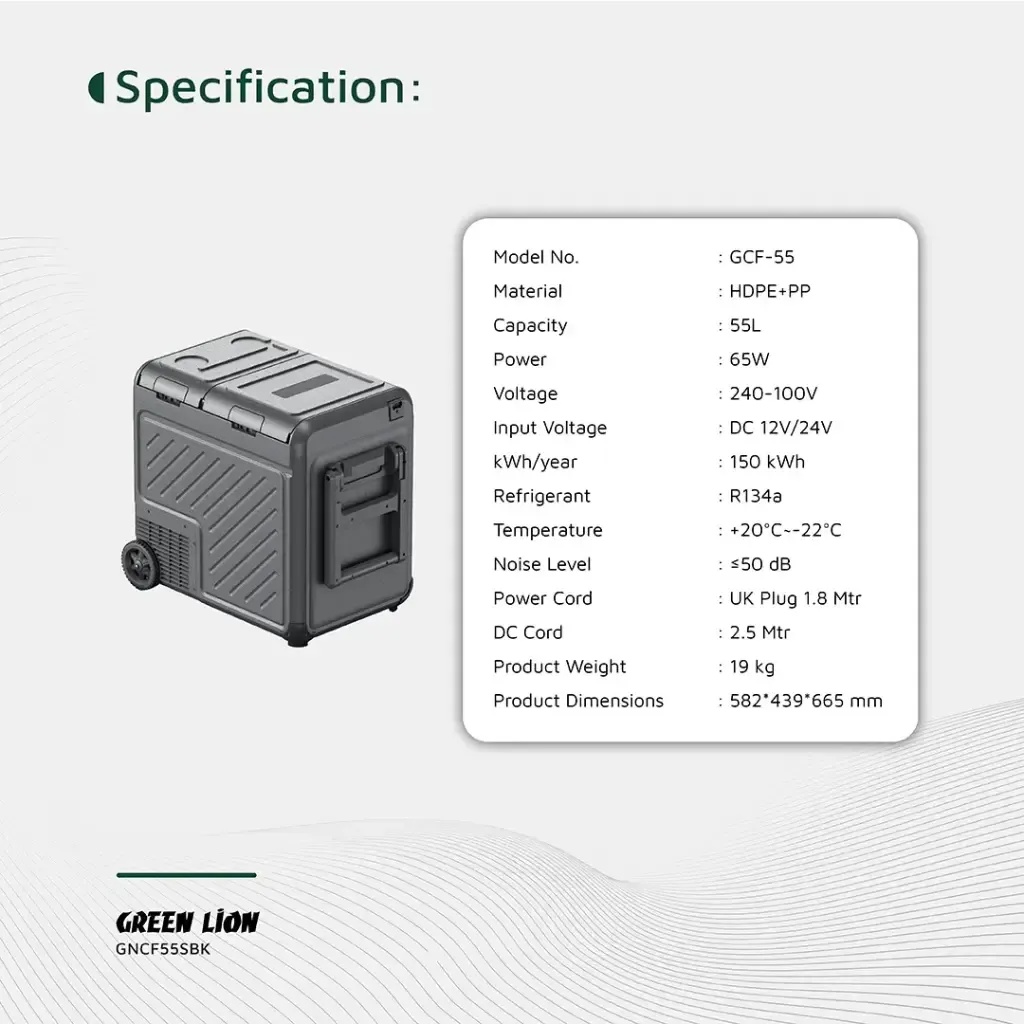 Green Lion GCF-55 Car Fridge 55L – Portable Compressor Refrigerator, 65W, Dual 12V/24V Power, Touch Display, Eco & Max Modes, Wheels & Child Lock – Ideal for Travel & Camping | GNCF55SBK |