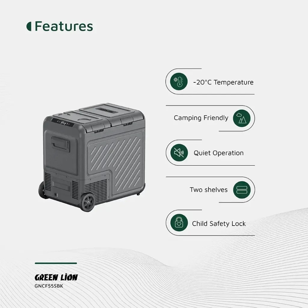 Green Lion GCF-55 Car Fridge 55L – Portable Compressor Refrigerator, 65W, Dual 12V/24V Power, Touch Display, Eco & Max Modes, Wheels & Child Lock – Ideal for Travel & Camping | GNCF55SBK |