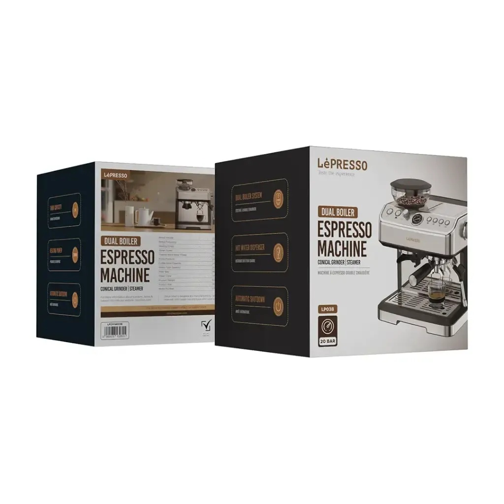 Lepresso Espresso Machine with Conical Grinder & Steamer – 2300W Dual Boiler, 20-Bar Pressure, 2.8L Water Tank, 200g Bean Capacity, Thermo-Block Boiler, 58mm Filter, Hot Water Dispenser | LPCFFM0038 |