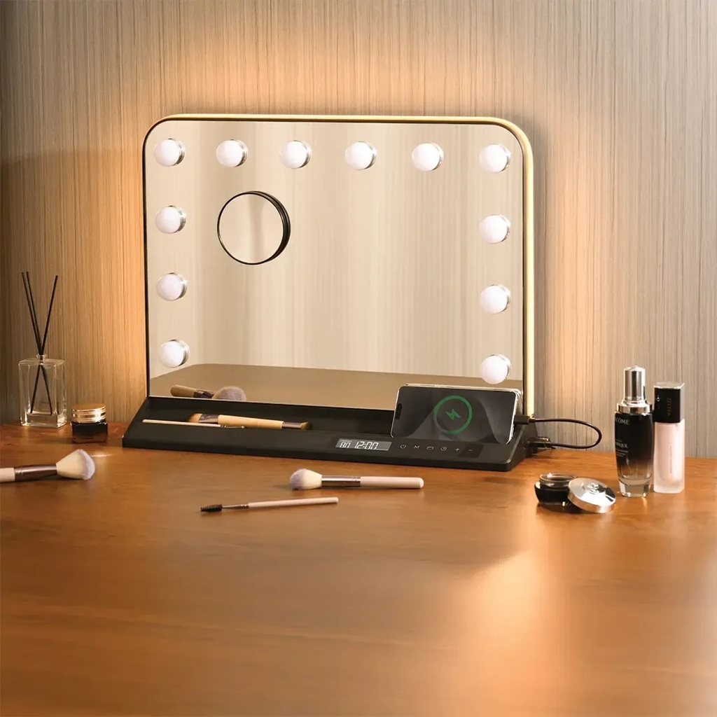 Green Lion Vanity Mirror – 36W LED Lighted Makeup Mirror with 224 LEDs, Adjustable Brightness, 3 Color Modes, Touch Control, Detachable 10X Magnifier, Built-in Organizer, USB-A & Type-C Charging Outputs | GNVNTYMIRBK |