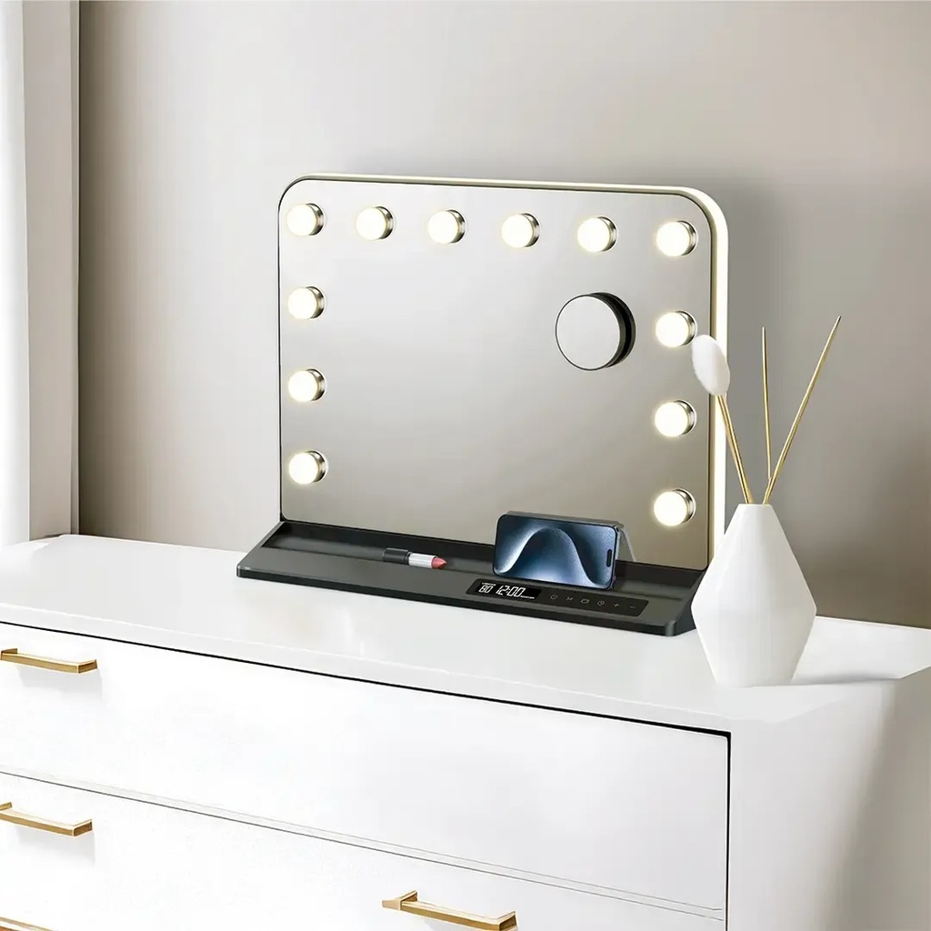 Green Lion Vanity Mirror – 36W LED Lighted Makeup Mirror with 224 LEDs, Adjustable Brightness, 3 Color Modes, Touch Control, Detachable 10X Magnifier, Built-in Organizer, USB-A & Type-C Charging Outputs | GNVNTYMIRBK |