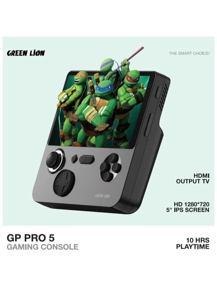 Green Lion GP PRO 5 Gaming Console – 5" HD IPS Display, ARM Cortex A7, 1GB RAM, 64GB (Expandable 256GB), 5000mAh Battery, 22W Fast Charging, HDMI Output | GNGPPRO5BK |