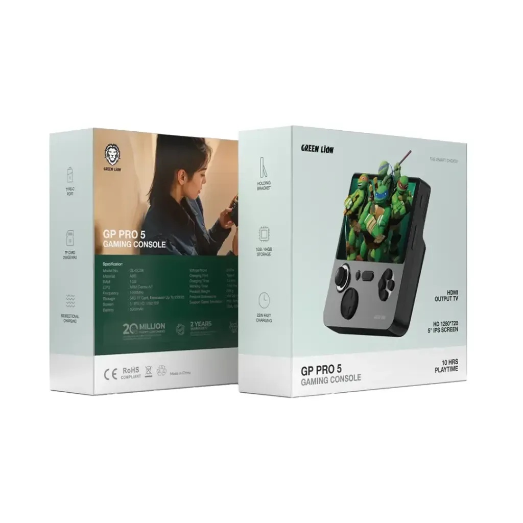 Green Lion GP PRO 5 Gaming Console – 5" HD IPS Display, ARM Cortex A7, 1GB RAM, 64GB (Expandable 256GB), 5000mAh Battery, 22W Fast Charging, HDMI Output | GNGPPRO5BK |